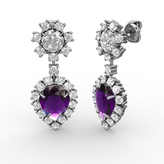 Ametist, swarovski ve beyaz zirkon 14 ayar beyaz altın küpe