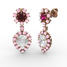 Swarovski, pembe kuvars ve rodolit garnet 18 ayar rose altın küpe