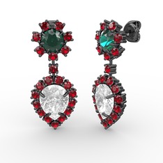 Seranta Damla Küpe - Swarovski, garnet ve yeşil kuvars 925 ayar siyah rodyum kaplama gümüş küpe #1uf0rk3