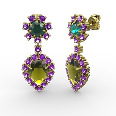 Seranta Damla Küpe - Peridot, ametist ve yeşil kuvars 8 ayar altın küpe #1uf105r