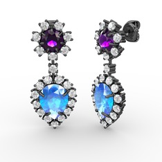 Seranta Damla Küpe - Akuamarin, pırlanta ve ametist 925 ayar siyah rodyum kaplama gümüş küpe (0.792 karat) #1ukfccv