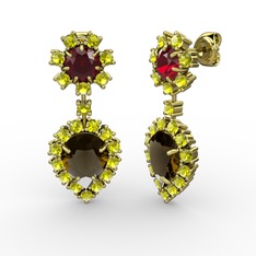 Dumanlı kuvars, peridot ve garnet 8 ayar altın küpe