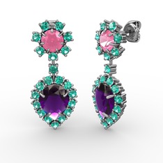 Ametist, yeşil kuvars ve pembe kuvars 8 ayar beyaz altın küpe