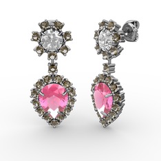 Pembe kuvars, dumanlı kuvars ve swarovski 14 ayar beyaz altın küpe