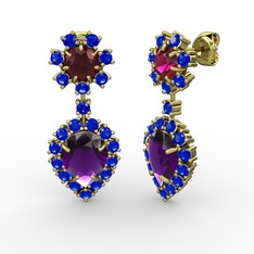 Ametist, lab safir ve rodolit garnet 18 ayar altın küpe