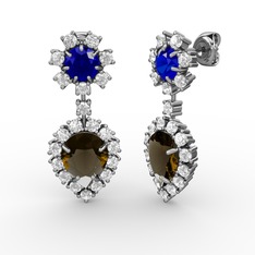 Dumanlı kuvars, swarovski ve lab safir 14 ayar beyaz altın küpe