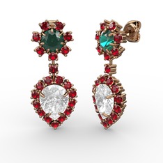 Beyaz zirkon, garnet ve yeşil kuvars 18 ayar rose altın küpe