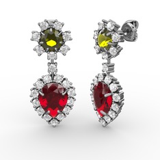 Garnet, beyaz zirkon ve peridot 8 ayar beyaz altın küpe