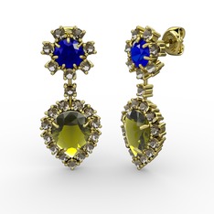 Peridot, dumanlı kuvars ve lab safir 8 ayar altın küpe