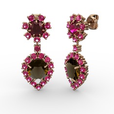 Dumanlı kuvars ve rodolit garnet 14 ayar rose altın küpe