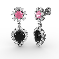 Seranta Damla Küpe - Siyah zirkon, swarovski ve pembe kuvars 14 ayar beyaz altın küpe #1yg9aoz