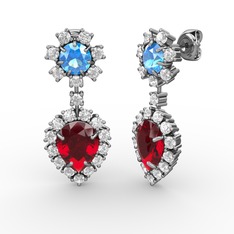 Garnet, swarovski ve akuamarin 14 ayar beyaz altın küpe