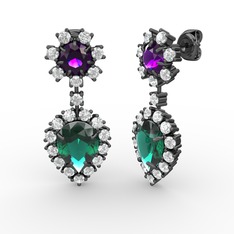 Seranta Damla Küpe - Yeşil kuvars, pırlanta ve ametist 925 ayar siyah rodyum kaplama gümüş küpe (0.792 karat) #1ypkui4