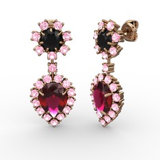 Rodolit garnet, pembe kuvars ve siyah zirkon 18 ayar rose altın küpe