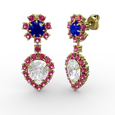 Swarovski, rodolit garnet ve lab safir 8 ayar altın küpe