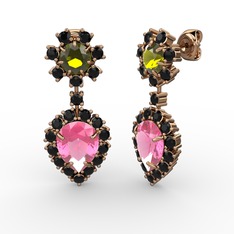 Pembe kuvars, siyah zirkon ve peridot 18 ayar rose altın küpe