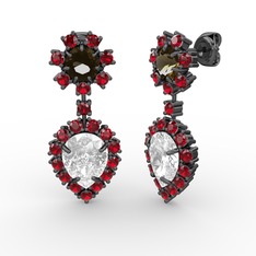Seranta Damla Küpe - Swarovski, garnet ve dumanlı kuvars 925 ayar siyah rodyum kaplama gümüş küpe #1z0kqnd