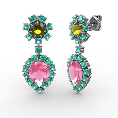 Pembe kuvars, yeşil kuvars ve peridot 8 ayar beyaz altın küpe