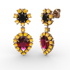Rodolit garnet, sitrin ve siyah zirkon 14 ayar rose altın küpe