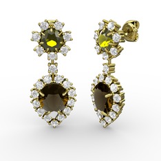 Seranta Damla Küpe - Dumanlı kuvars, swarovski ve peridot 8 ayar altın küpe #3d5ct1