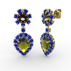 Peridot, lab safir ve dumanlı kuvars 14 ayar altın küpe