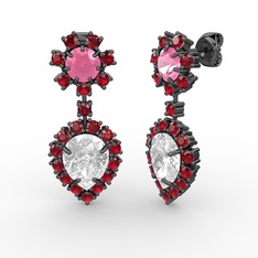 Swarovski, garnet ve pembe kuvars 925 ayar siyah rodyum kaplama gümüş küpe