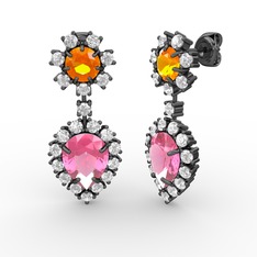 Seranta Damla Küpe - Pembe kuvars, swarovski ve sitrin 925 ayar siyah rodyum kaplama gümüş küpe #4ig109