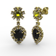 Siyah zirkon, dumanlı kuvars ve peridot 14 ayar altın küpe