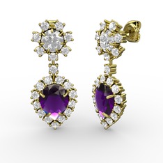 Ametist, beyaz zirkon ve swarovski 14 ayar altın küpe