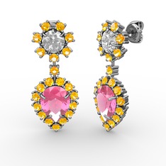 Pembe kuvars, sitrin ve swarovski 8 ayar beyaz altın küpe