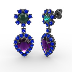 Seranta Damla Küpe - Ametist, lab safir ve yeşil kuvars 925 ayar siyah rodyum kaplama gümüş küpe #618nj