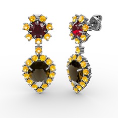 Seranta Damla Küpe - Dumanlı kuvars, sitrin ve garnet 14 ayar beyaz altın küpe #6n5zf6