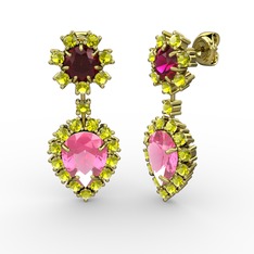 Seranta Damla Küpe - Pembe kuvars, peridot ve rodolit garnet 925 ayar altın kaplama gümüş küpe #6xkctk