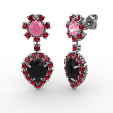 Siyah zirkon, garnet ve pembe kuvars 18 ayar beyaz altın küpe