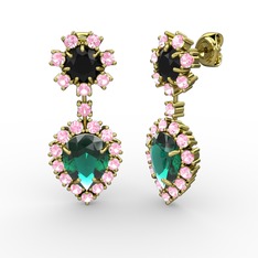 Seranta Damla Küpe - Yeşil kuvars, pembe kuvars ve siyah zirkon 14 ayar altın küpe #7snqz