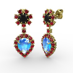 Akuamarin, garnet ve siyah zirkon 8 ayar altın küpe