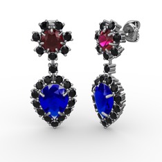 Lab safir, siyah zirkon ve rodolit garnet 18 ayar beyaz altın küpe
