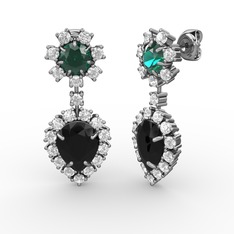 Seranta Damla Küpe - Siyah zirkon, pırlanta ve yeşil kuvars 8 ayar beyaz altın küpe (0.792 karat) #8adpgj