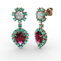 Rodolit garnet, yeşil kuvars ve swarovski 18 ayar rose altın küpe