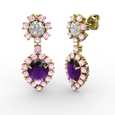 Ametist, pembe kuvars ve swarovski 14 ayar altın küpe