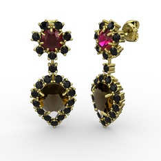 Dumanlı kuvars, siyah zirkon ve rodolit garnet 14 ayar altın küpe