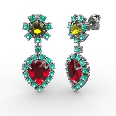 Garnet, yeşil kuvars ve peridot 8 ayar beyaz altın küpe