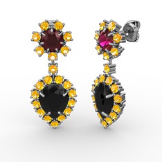 Siyah zirkon, sitrin ve rodolit garnet 8 ayar beyaz altın küpe