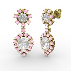 Beyaz zirkon, pembe kuvars ve swarovski 14 ayar altın küpe