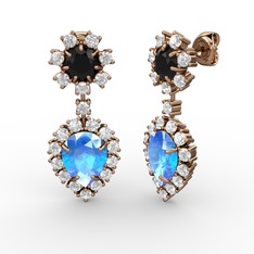 Akuamarin, pırlanta ve siyah zirkon 14 ayar rose altın küpe (0.792 karat)