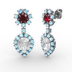 Beyaz zirkon, akuamarin ve garnet 925 ayar gümüş küpe
