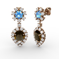 Dumanlı kuvars, swarovski ve akuamarin 18 ayar rose altın küpe