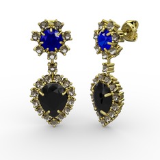 Siyah zirkon, dumanlı kuvars ve lab safir 925 ayar altın kaplama gümüş küpe