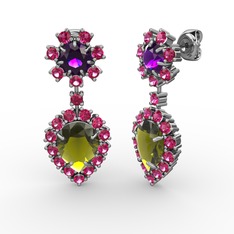 Peridot, rodolit garnet ve ametist 18 ayar beyaz altın küpe