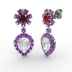 Swarovski, ametist ve garnet 18 ayar beyaz altın küpe